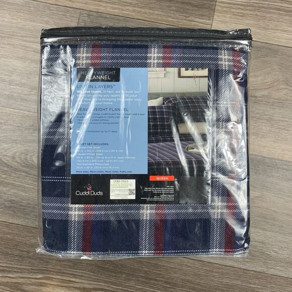 Cuddl Duds Queen Sheet Set Heavyweight Flannel Navy Red Plaid Lodge New - Picture 1 of 3